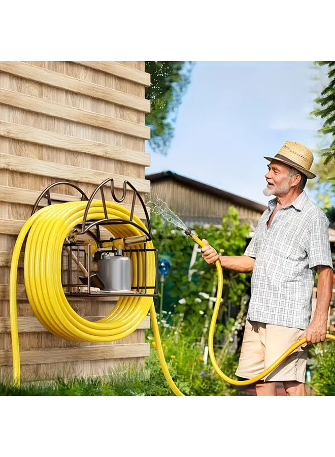 Heavy Duty Metal Garden Hose Holder Wall Mounted With Tool Storage Basket Black - Image 3